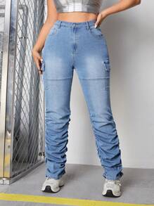 SHEIN ICON Plus Flap Pocket Side Stacked Jeans - Light Wash - View 4