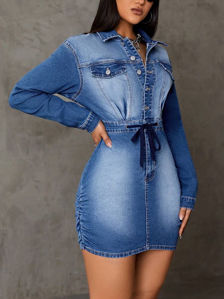 Flap Detail Drawstring Waist Ruched Side Denim Dress