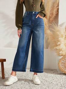 SHEIN LUNE High Waist Wide Leg Jeans - Dark Wash - View 4