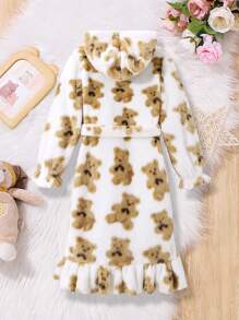 SHEIN Tween Girl Bear Print 3D Ears Design Hooded Flannel Belted Robe for Family Matching - Beige - View 2