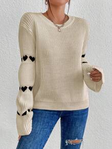 EMERY ROSE Women's Heart Pattern Pullover Sweater,Long Sleeve Tops Knit Pullover Fall Winter Outfit - Apricot - View 6