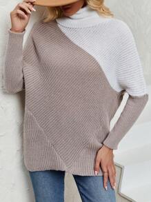 SHEIN LUNE Suéter de cuello alto de bloque de color con mangas de murciélago para otoño e invierno - Caqui - Ver 6