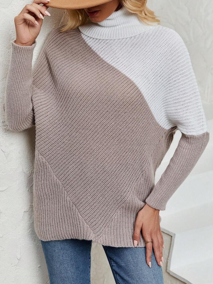 Color Block Turtleneck Batwing Sleeve Knit Pullover Fall Winter Sweater