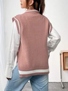 SHEIN Qutie 1入組菱形印花條紋飾邊毛衣背心 - 咖啡棕 - 查看 2