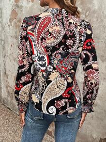 SHEIN VCAY Paisley Print Flounce Sleeve Blouse - Black - View 2
