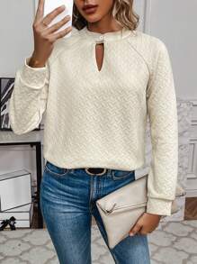 SHEIN LUNE 钥匙孔领插肩袖套头卫衣秋季卫衣 - 杏色 - 查看 5