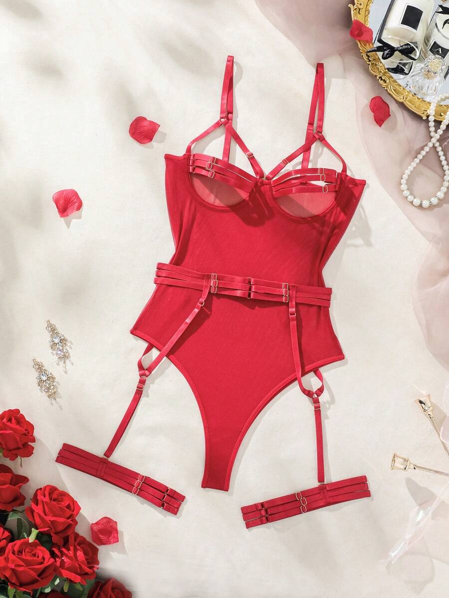 SHEIN 女式性感吊帶設計連身衣 - 酒紅色 - 查看 1