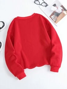 SHEIN Essnce 女款落肩標語印花抓絨運動衫 - 紅色 - 查看 2