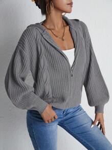 EURMUSE Drop Shoulder Zip Up Hooded Cardigan - Light Grey - View 4