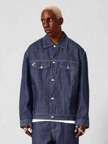 SUMWON Áo khoác denim Trucker kẻ sọc cao cấp cỡ lớn có logo đặc trưng ở mặt sau Áo khoác ngoài cổ điển mùa xuân thu thời trang đường phố hiện đại - Màu xanh lam - Xem 1