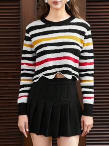 SHEIN EZwear Striped Pattern Scallop Hem Crop Sweater - Multicolor - View 5