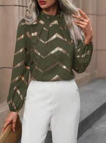 SHEIN Clasi 鋸齒形印花燈籠袖褶邊領襯衫 - 軍綠色 - 查看 4