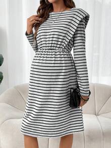 SHEIN Maternity Striped Print Shoulder Pad Dress - Multicolor - View 3