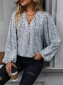 SHEIN LUNE 斑點印花燈籠袖襯衫 - 白色 - 查看 3