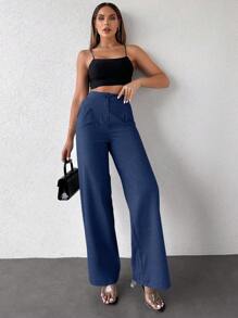 EURMUSE Straight High Waisted Straight Suit Pants With Slant Pockets - Navy Blue - View 5