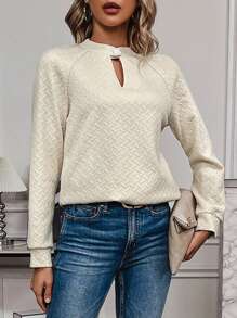 SHEIN LUNE 钥匙孔领插肩袖套头卫衣秋季卫衣 - 杏色 - 查看 3