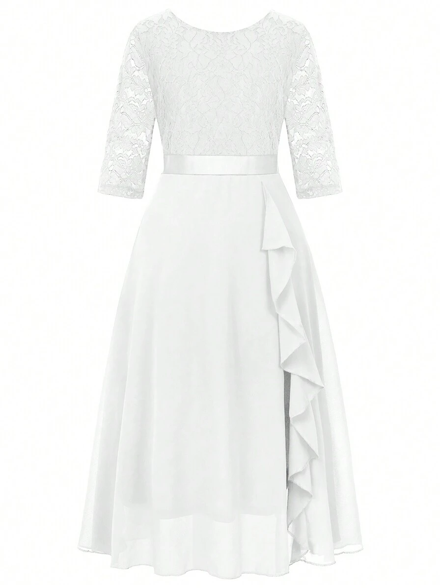 Tween Girl Contrast Lace Ruffle Trim Chiffon Dress - White - View 1