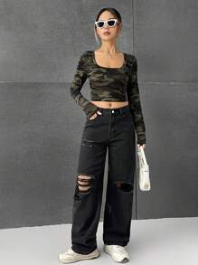 SHEIN EZwear 迷彩針織女士t恤 - 軍綠色 - 查看 3