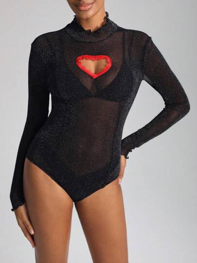 HARRY PAREMOC Bodysuits transparente sin lencería con cuello de tortuga, adorno de lechuga y diseño de corazón para mujeres, para vacaciones y festivales