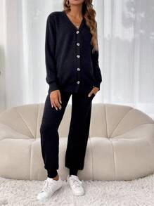 SHEIN Thai sản Nút phía trước Áo khoác & Vòng eo có thể điều chỉnh Quần - màu đen - Xem 3