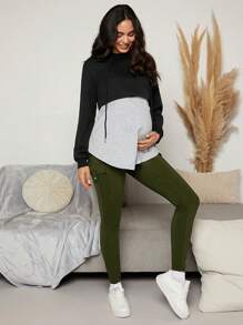 SHEIN Thai sản Chất rắn Thắt lưng rộng Túi nắp bên cạnh Xà cạp - xanh quân đội - Xem 4