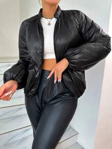 SHEIN Unity 拉链插肩袖衬垫大衣 - 黑色 - 查看 4