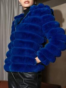 Anewsta Solid Zip Up Hooded Fuzzy Coat - Royal Blue - View 7