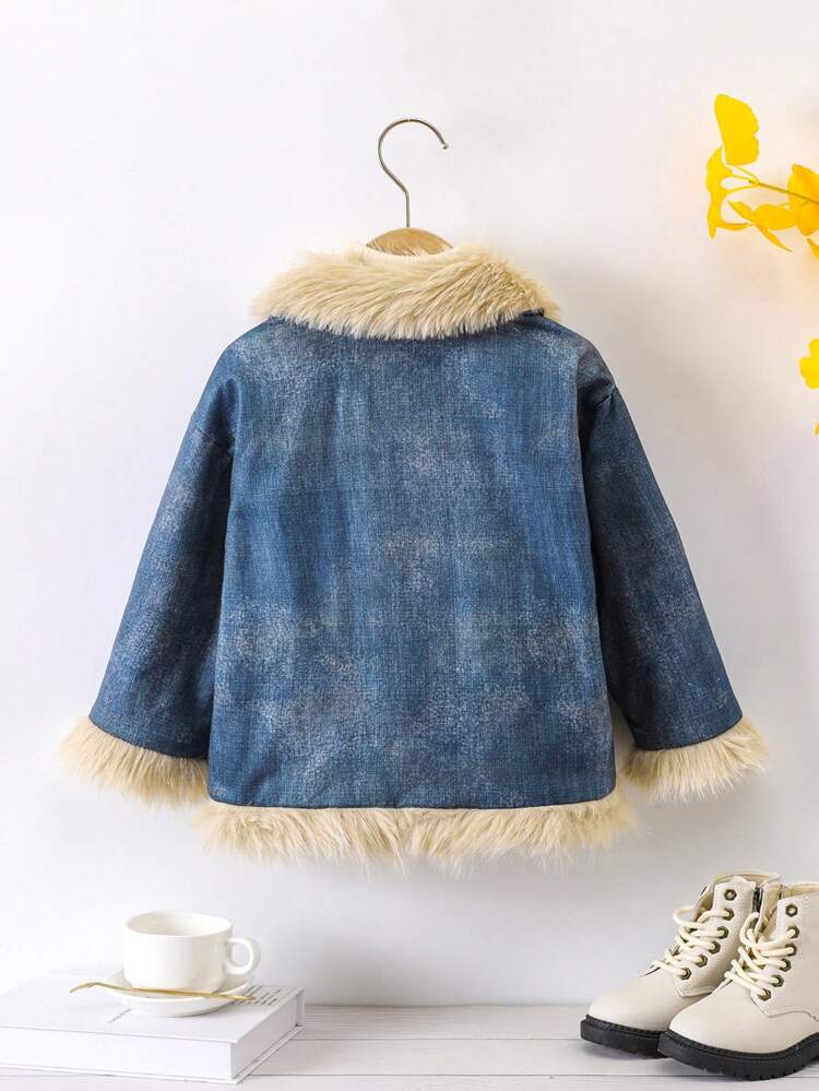 Young Girl 1pc Fuzzy Trim Thermal Lined Coat