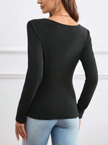 SHEIN LUNE Camiseta unicolor ribete en abanico - Negro - Ver 2