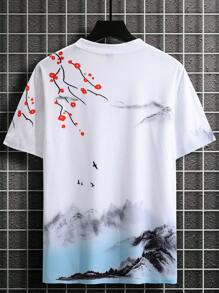 Manfinity Homme Men Plus Size Casual Short Sleeve T-Shirt With Colorful Floral & Landscape Graphic Print, For Going Out - White - View 2