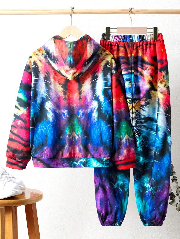 Boys' Casual Hoodie & Pants Knitted Set With Tiger Print, For Big Kids