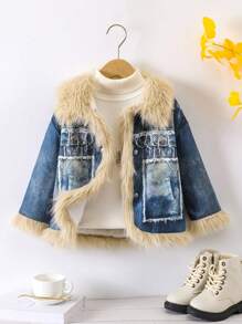 SHEIN Young Girl 1pc Fuzzy Trim Thermal Lined Coat - Multicolor - View 1