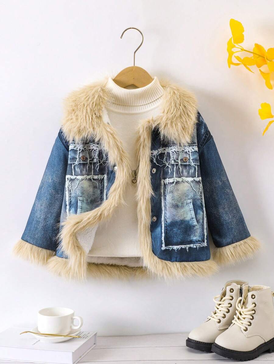 SHEIN Young Girl 1pc Fuzzy Trim Thermal Lined Coat - Multicolor - View 1