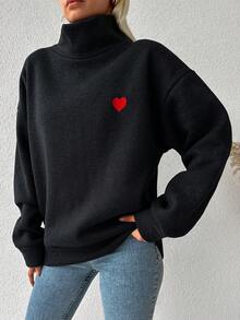 SHEIN Cottnline Sudadera con bordado de corazón de cuello cisne de hombros caídos - Negro - Ver 3