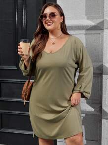 SHEIN LUNE Của phụ nữ Kích thước lớn Màu thuần Thả vai Tay áo Đầm - màu xanh lá - Xem 2
