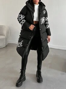 EURMUSE Long Black Padded Coat For Women With Printed Letters - Black - View 5