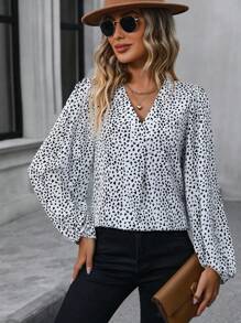 SHEIN LUNE 斑點印花燈籠袖襯衫 - 白色 - 查看 5