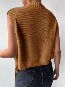 EURMUSE Mock Neck Knot Side Cable Knit Sweater Vest - Camel - View 2