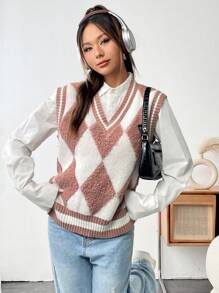 SHEIN Qutie 1入組菱形印花條紋飾邊毛衣背心 - 咖啡棕 - 查看 1