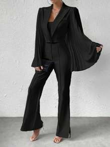 Chiquease Solid Short Blazer And Slit Hem Pants Western Suit Set - Black - View 3