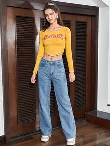 SHEIN EZwear Letter Graphic Contrast Stitch Crop Tee - Yellow - View 5