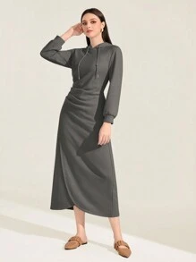 Seusyu Chất rắn Dây rút Đàm áo cánh có mũ - Màu xám đen - Xem 5