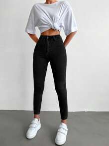 EURMUSE 96% Cotton High Waist Skinny Cropped Jeans - Dark Grey - View 3