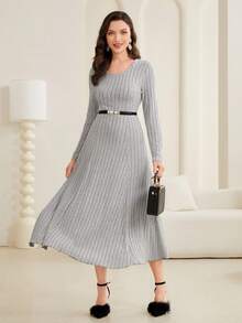 Modelyn Round Neck Ribbed Knit Sweater Dress Without Waist Belt - Grey - View 5