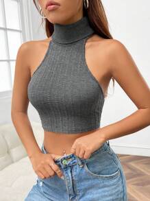 SHEIN EZwear 暗灰色針織緊身無袖背心，適用於夏季 - 深灰色 - 查看 3