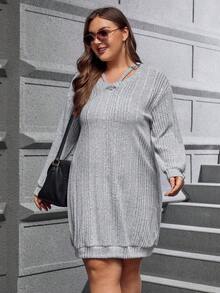 SHEIN LUNE 大碼條紋針織落肩袖洋裝 - 淺灰色 - 查看 5