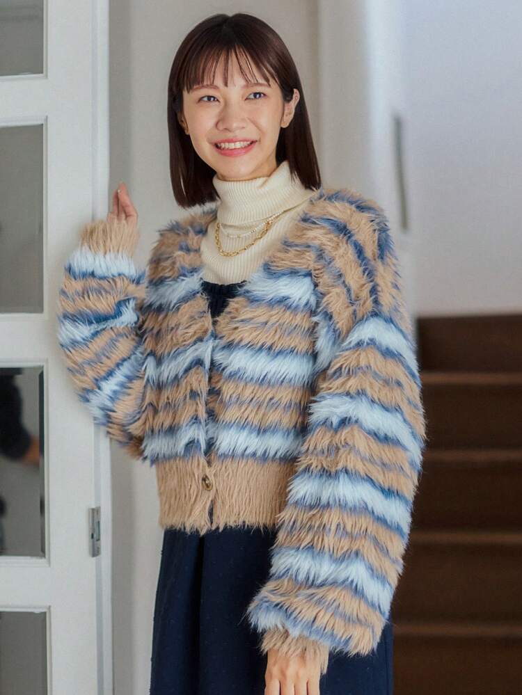 Women'S Striped Color Blocking Plush Knitted Cardigan With Drop Shoulder Jacket Fall,Winter