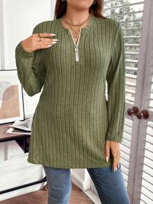 Celure Plus Half Zip Ribbed Knit Tee - Green - View 1
