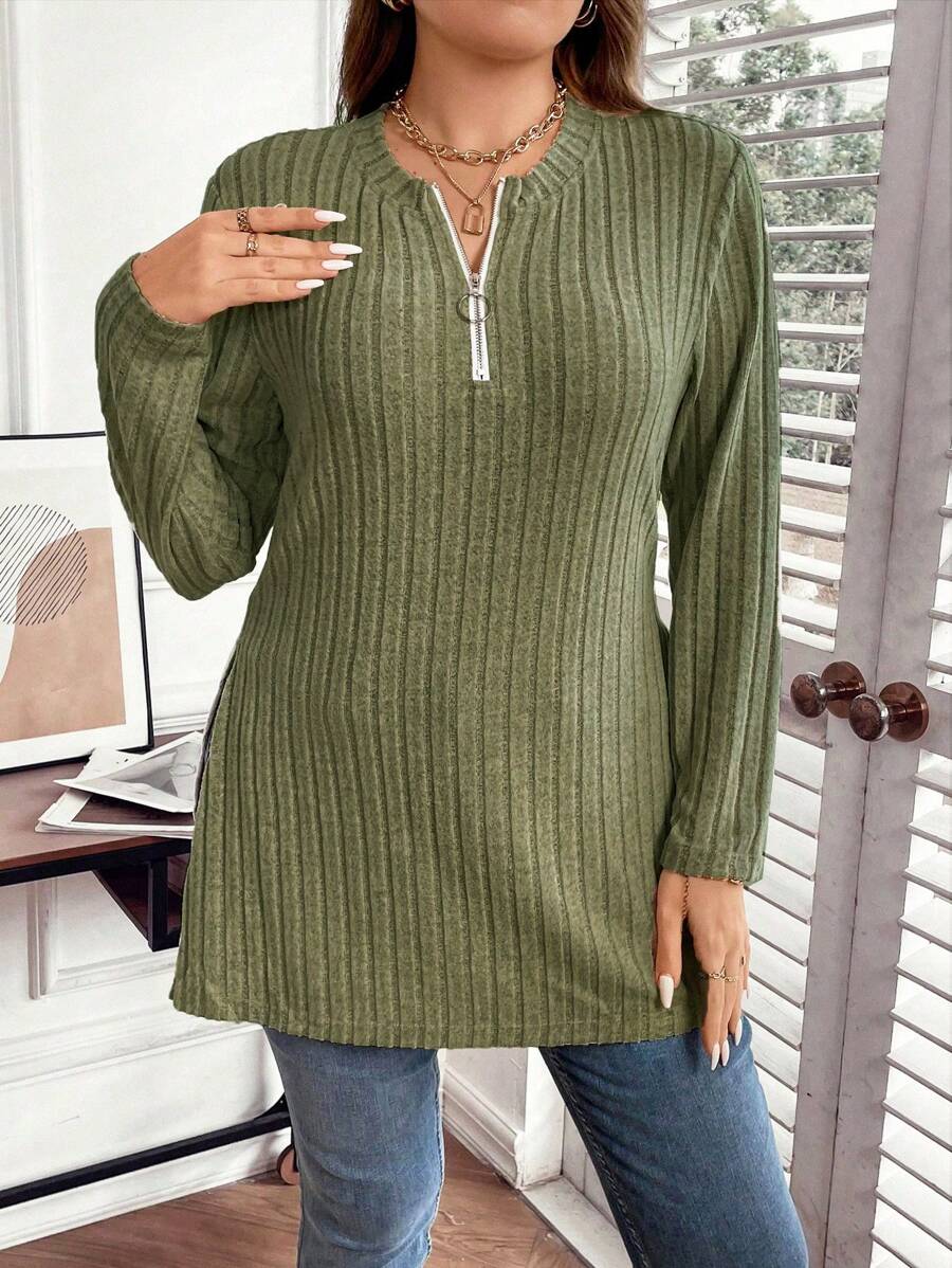 Celure Plus Half Zip Ribbed Knit Tee - Green - View 1