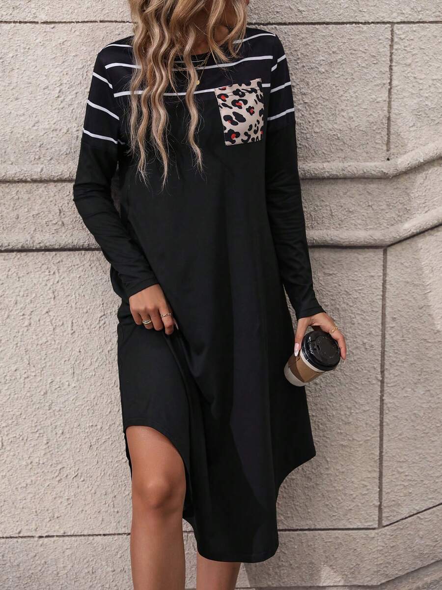 SHEIN LUNE Striped & Leopard Print Pocket Patched Tee Dress - Black - View 1